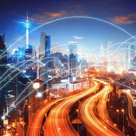 Connected city skyline at dusk — telecommunications network